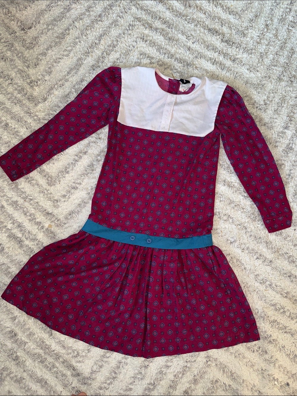 Sz 7-8 Chuckles 80s vintage Girls' Pink Patterned Long-Sleeve Dress White Yoke